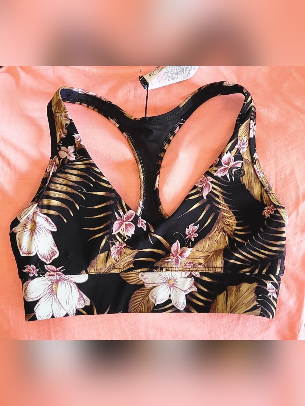 Rip Curl Black Floral Mirage Sports Bra with Pink & Gold Accents in XS